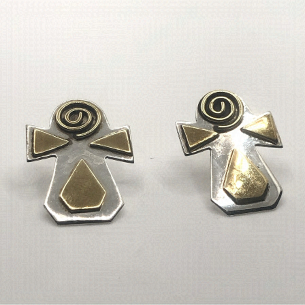 STERLING Silver & Brass Abstract Angel Spiral Earrings 1.1” 925 Mexico Vintage